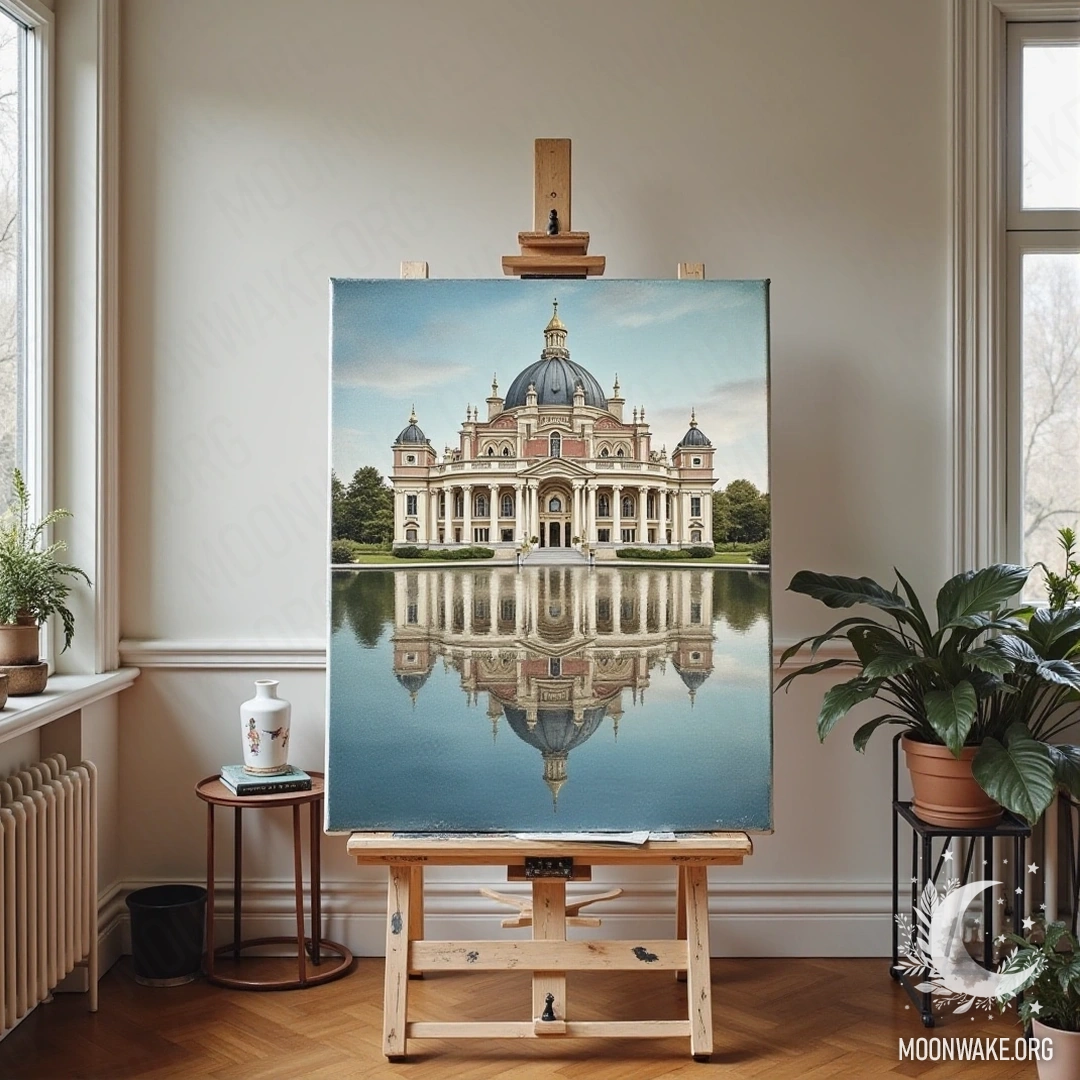 An artist's studio featuring a painting of a symmetrical, beautiful building, reflecting the importance of symmetry in architecture
