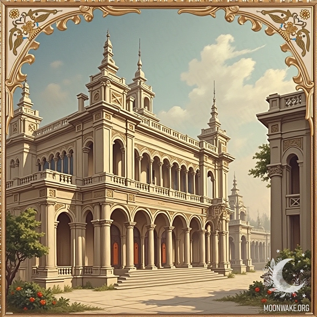 A classic painting depicting a beautiful building and intricate architecture, symbolizing the beauty of architecture