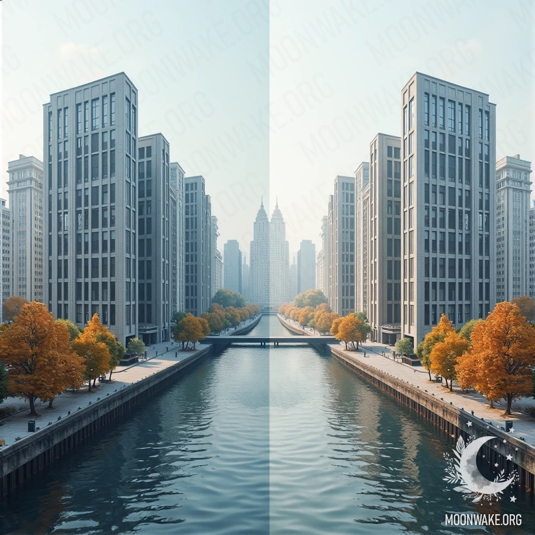 A comparison of symmetric and asymmetric buildings in a city, symbolizing their impact on aesthetic perception