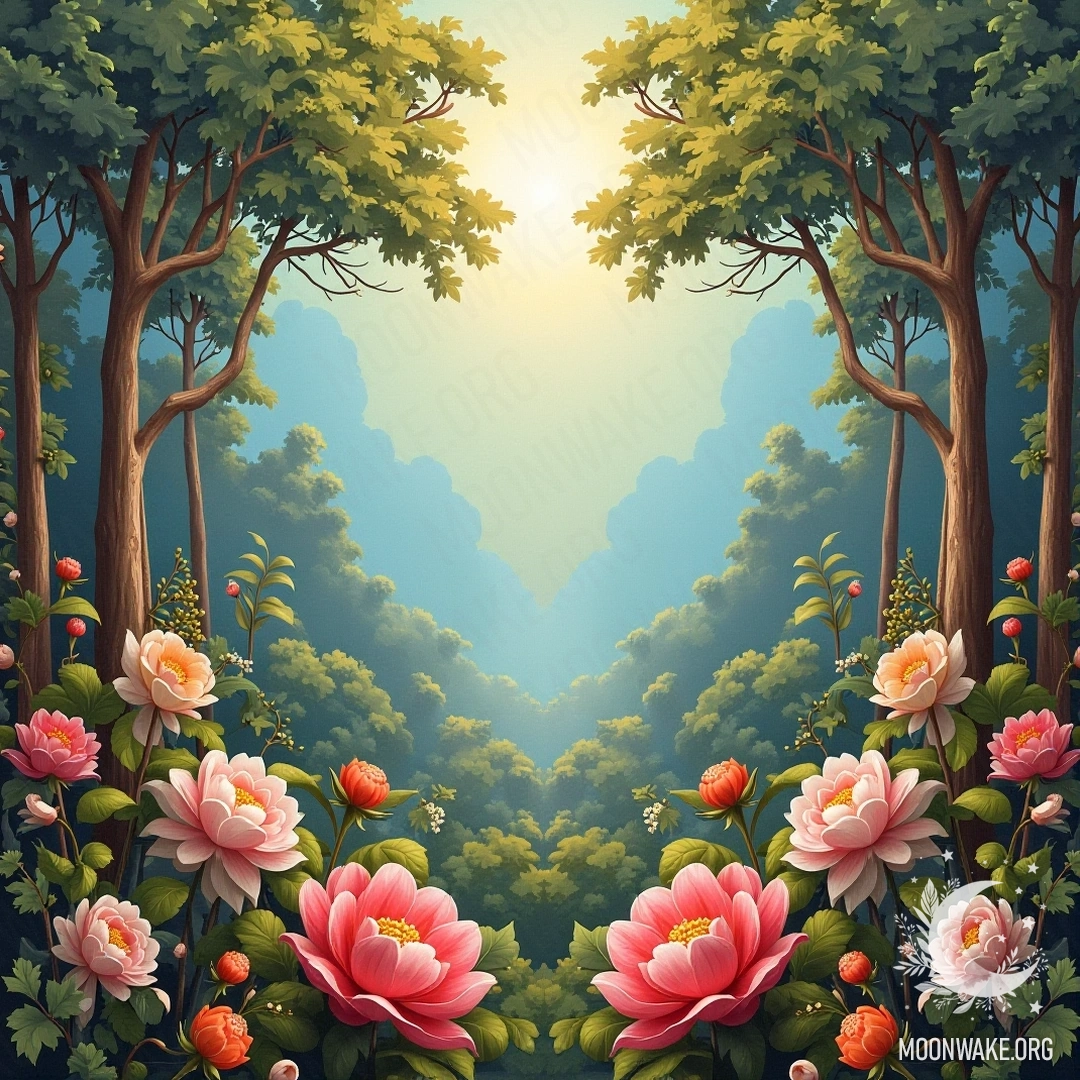 A beautiful painting with perfect symmetry in nature, featuring flowers, trees, and animals, showcasing the role of symmetry in beauty.