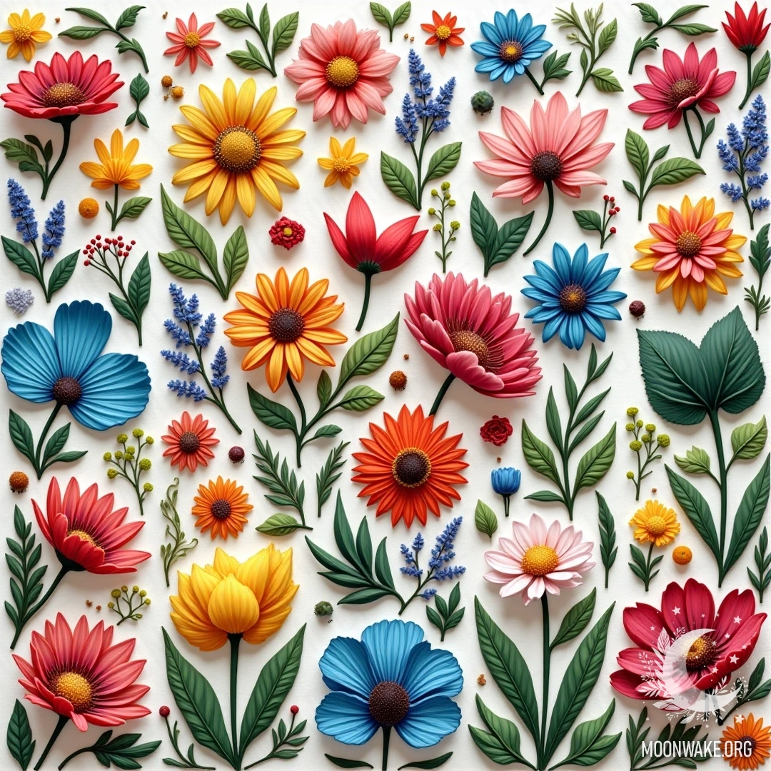 A colorful table with various forms of beauty: flowers, art, architecture, and nature