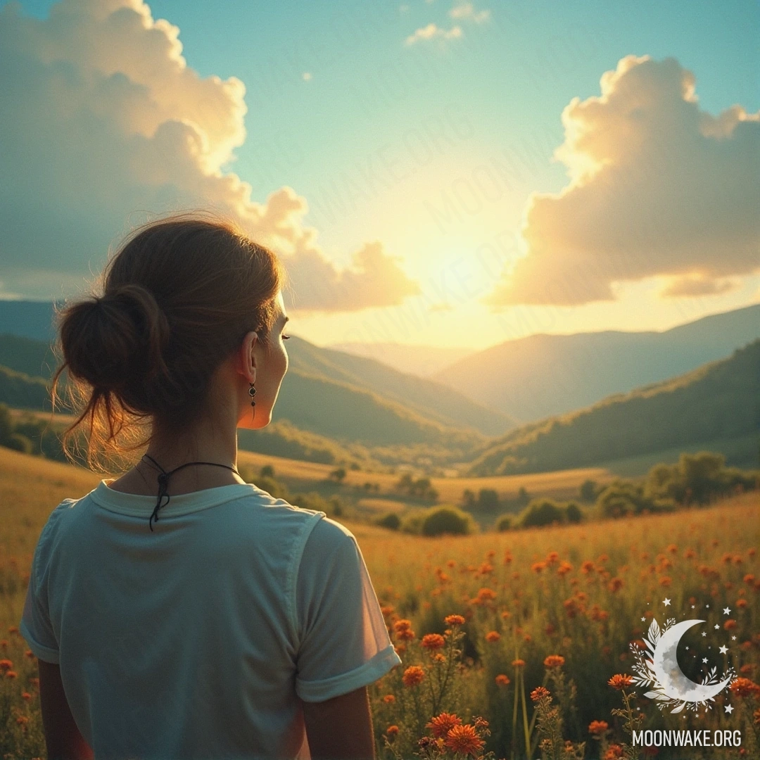 A woman admiring a beautiful landscape, representing how beauty influences personal perception and emotions